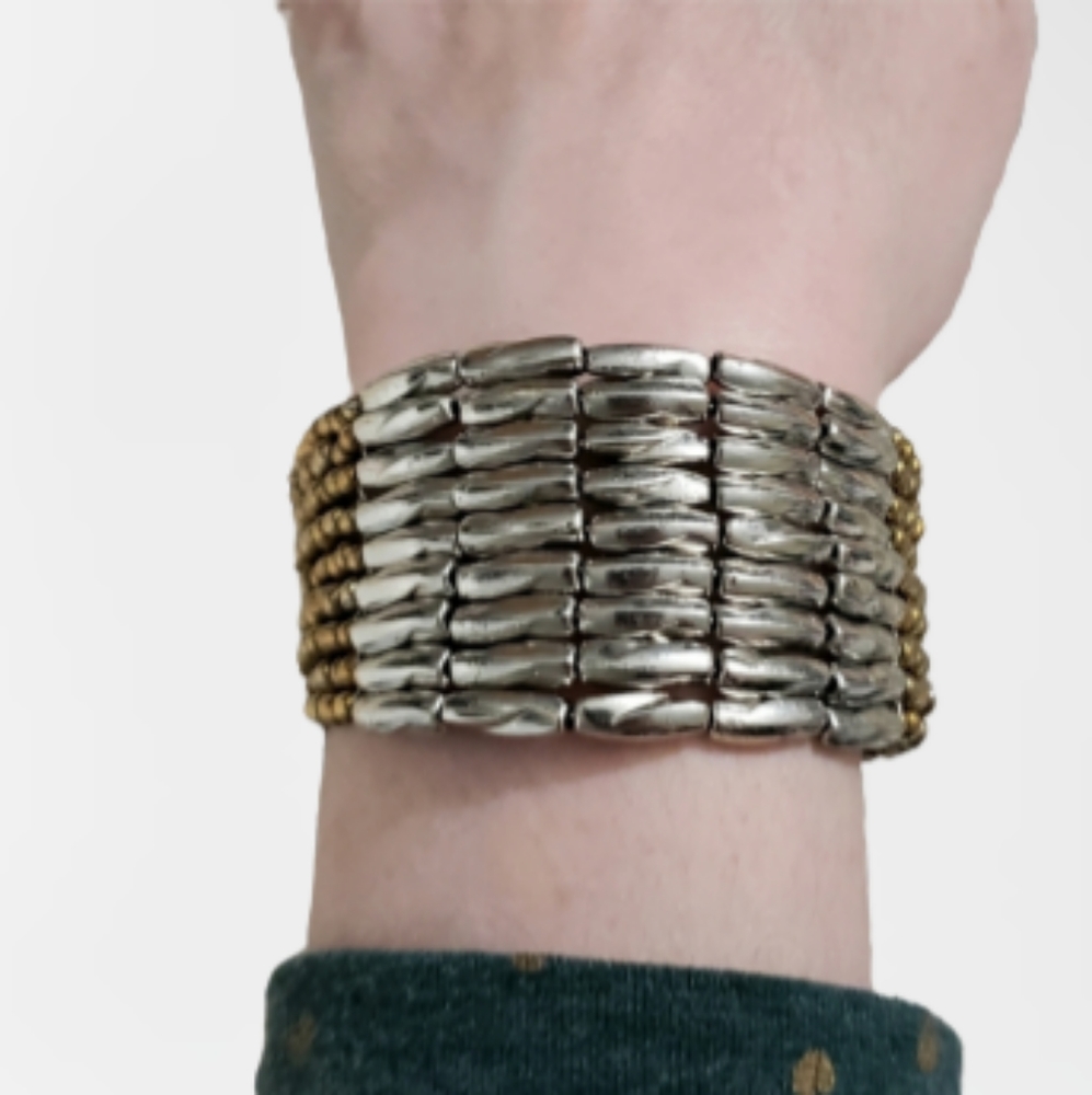 Elegant Layered Silver and Gold Seed Bead Cuff Bracelet